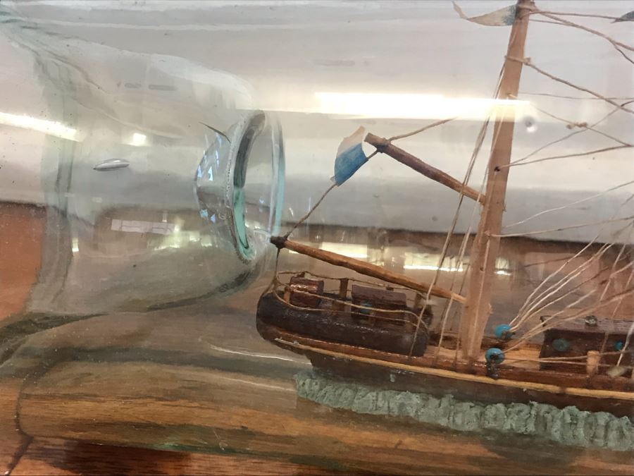 Vintage Wooden Ship Model In A Bottle 12W X 3.5H [Photo 5]