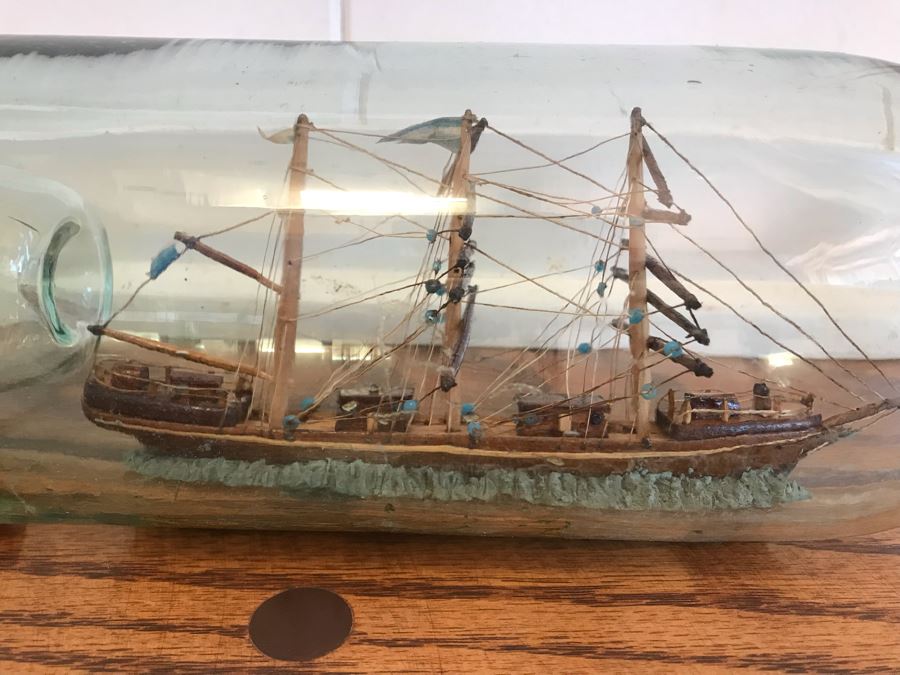 Vintage Wooden Ship Model In A Bottle 12W X 3.5H [Photo 4]