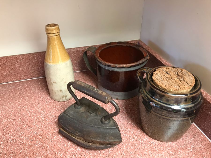 (3) Pieces Of Old Stoneware Pottery And Antique Iron [Photo 3]