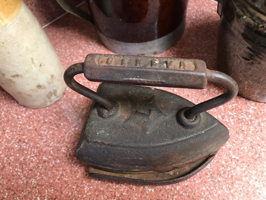 (3) Pieces Of Old Stoneware Pottery And Antique Iron [Photo 4]