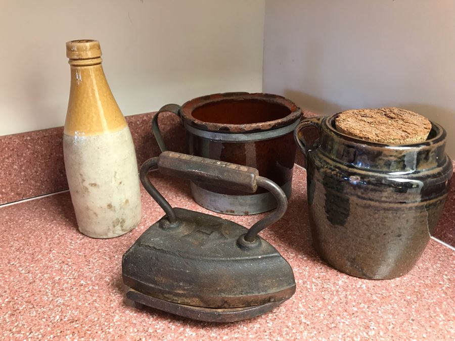 (3) Pieces Of Old Stoneware Pottery And Antique Iron [Photo 1]