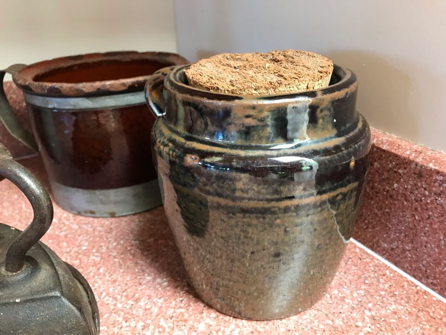 (3) Pieces Of Old Stoneware Pottery And Antique Iron [Photo 5]