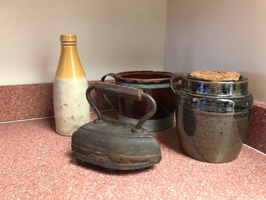 (3) Pieces Of Old Stoneware Pottery And Antique Iron [Photo 2]