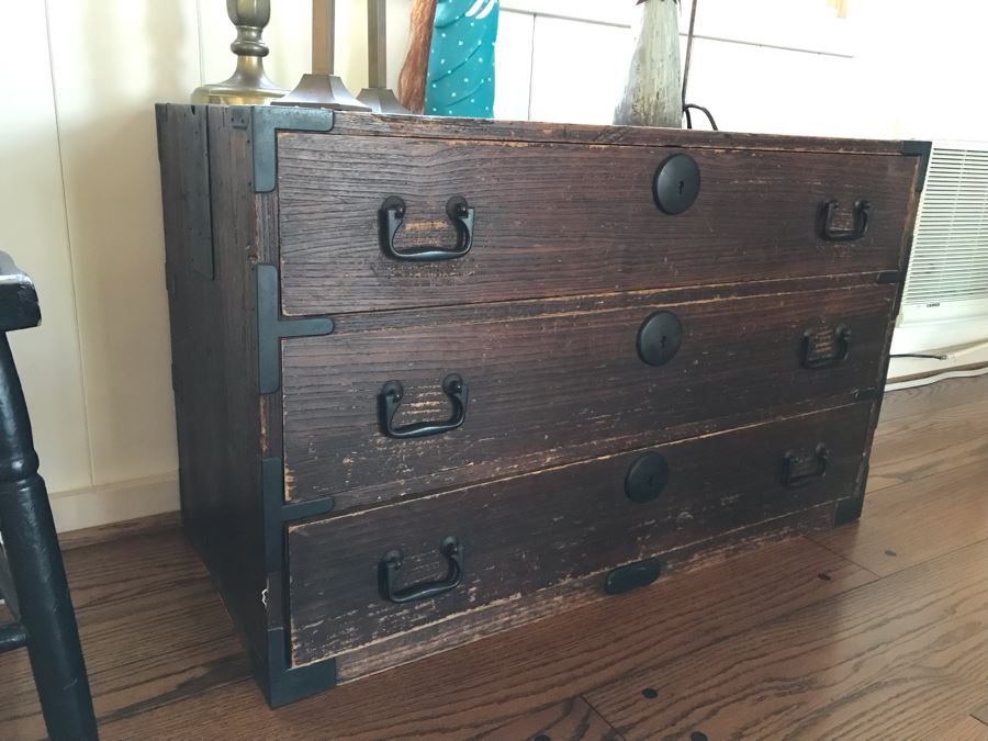 Vintage Campaign Chest Of Drawers 3-Drawer Dresser Trunk With Recessed Metal Handles On Both Sides 37W X 17D X 22.5H - See Photos [Photo 2]