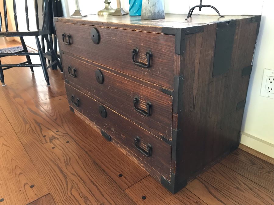 Vintage Campaign Chest Of Drawers 3-Drawer Dresser Trunk With Recessed Metal Handles On Both Sides 37W X 17D X 22.5H - See Photos [Photo 7]