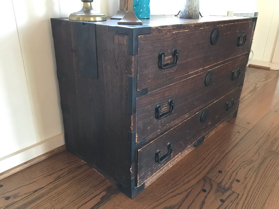 Vintage Campaign Chest Of Drawers 3-Drawer Dresser Trunk With Recessed Metal Handles On Both Sides 37W X 17D X 22.5H - See Photos [Photo 5]