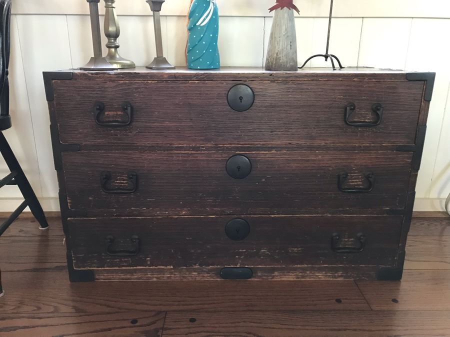 Vintage Campaign Chest Of Drawers 3-Drawer Dresser Trunk With Recessed Metal Handles On Both Sides 37W X 17D X 22.5H - See Photos [Photo 1]
