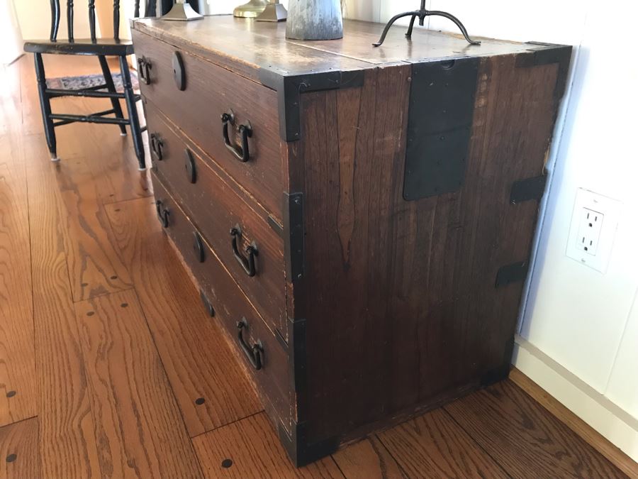 Vintage Campaign Chest Of Drawers 3-Drawer Dresser Trunk With Recessed Metal Handles On Both Sides 37W X 17D X 22.5H - See Photos [Photo 6]