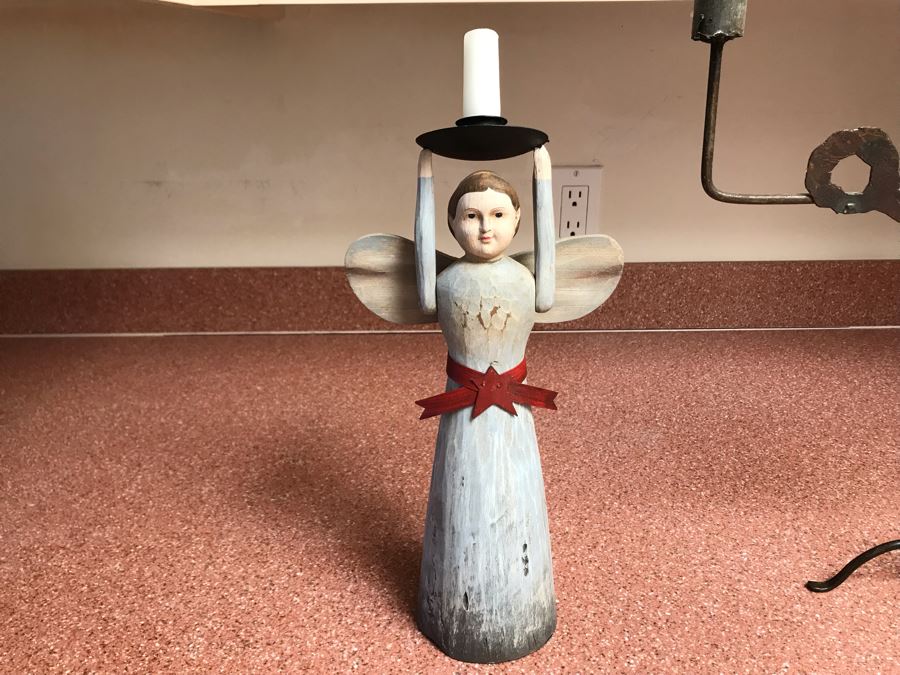 Wrought Iron Angelic Candle Holder 16W X 17H And Wooden Folk Art Style Candle Holder 13H [Photo 3]