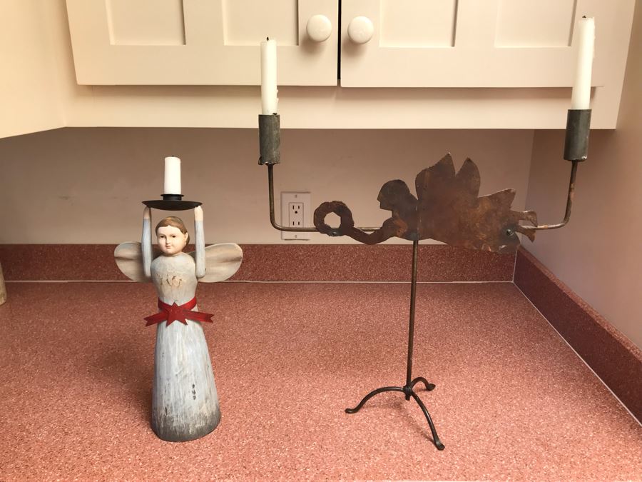 Wrought Iron Angelic Candle Holder 16W X 17H And Wooden Folk Art Style Candle Holder 13H [Photo 2]