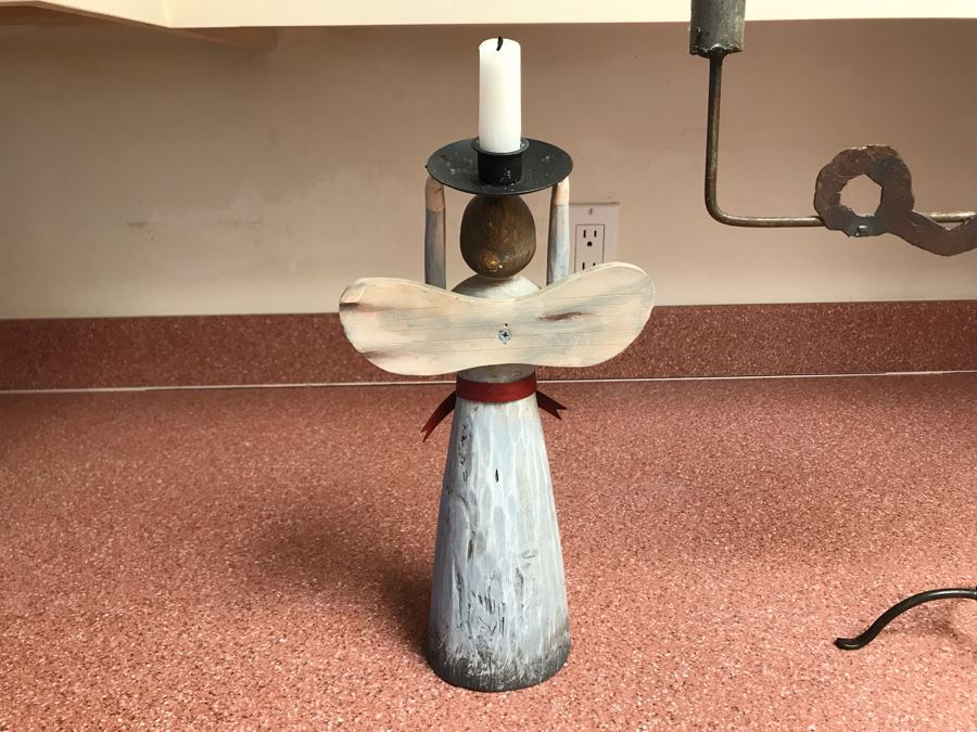 Wrought Iron Angelic Candle Holder 16W X 17H And Wooden Folk Art Style Candle Holder 13H [Photo 6]