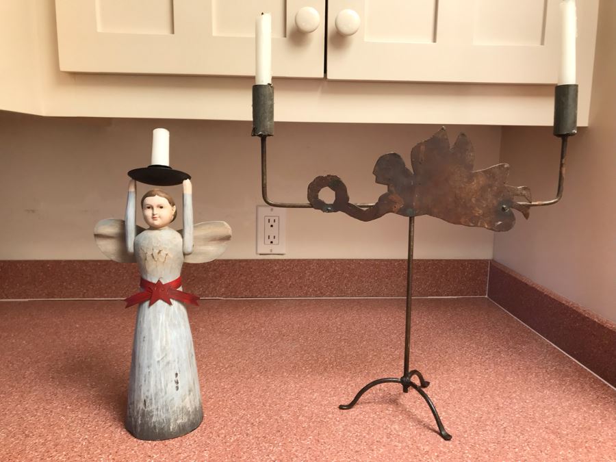 Wrought Iron Angelic Candle Holder 16W X 17H And Wooden Folk Art Style Candle Holder 13H