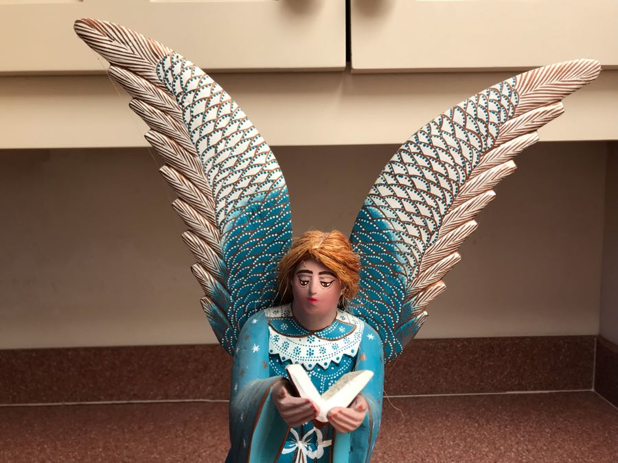 Signed Oaxaco, Mexico Hand Painted Wooden Angel Figurine 12W X 7D X 18H [Photo 3]