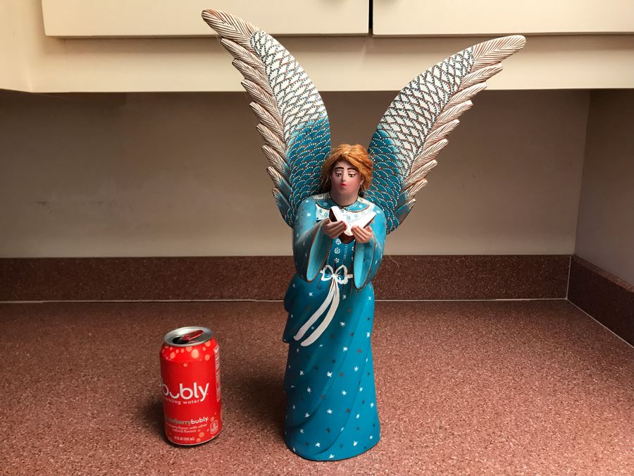 Signed Oaxaco, Mexico Hand Painted Wooden Angel Figurine 12W X 7D X 18H