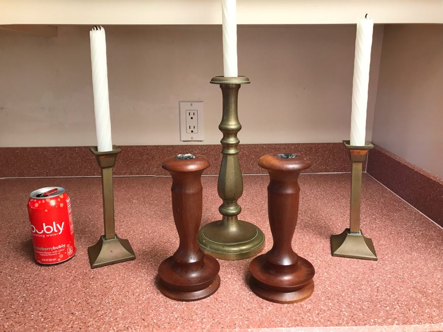 (3) Brass Candlesticks And Pair Of Maderia Turned Wooden Candle Holders