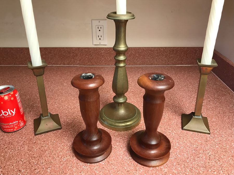 (3) Brass Candlesticks And Pair Of Maderia Turned Wooden Candle Holders [Photo 2]
