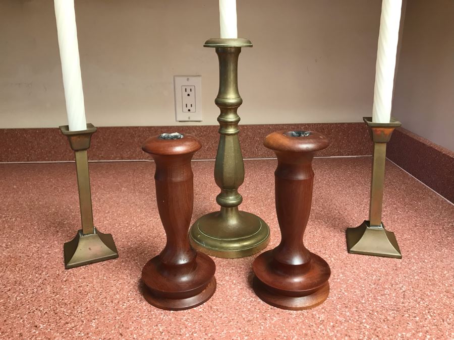 (3) Brass Candlesticks And Pair Of Maderia Turned Wooden Candle Holders [Photo 4]