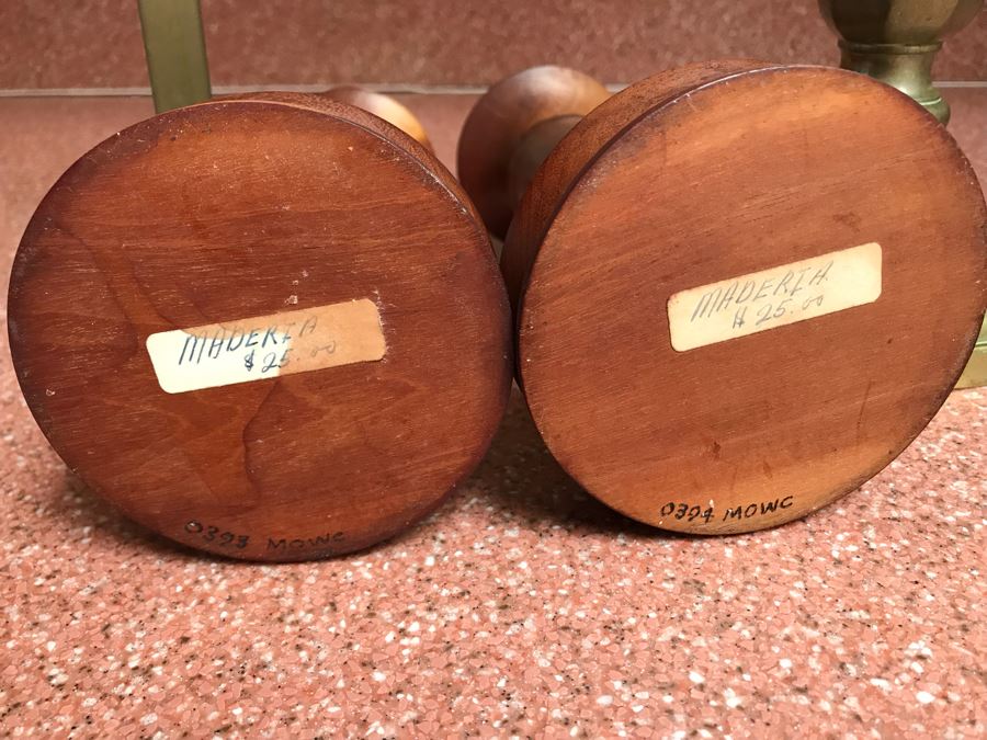 (3) Brass Candlesticks And Pair Of Maderia Turned Wooden Candle Holders [Photo 6]