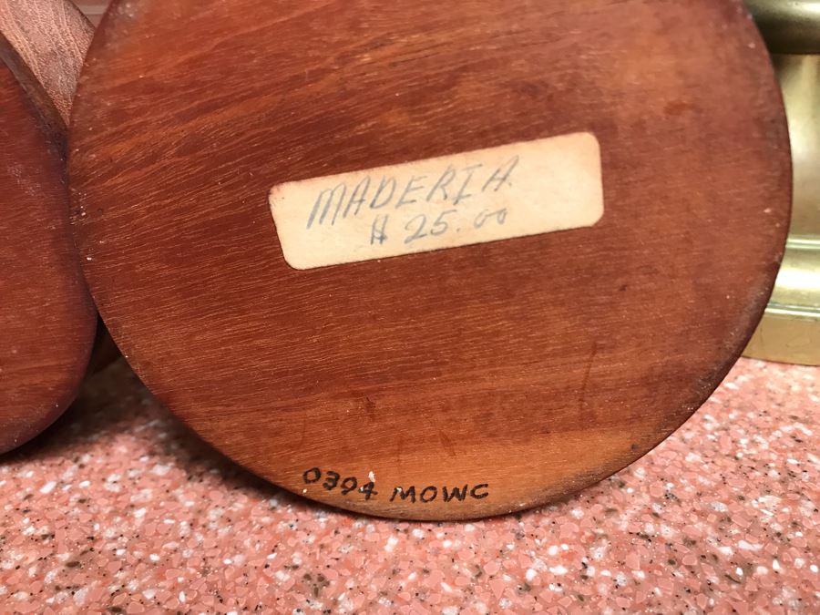 (3) Brass Candlesticks And Pair Of Maderia Turned Wooden Candle Holders [Photo 7]