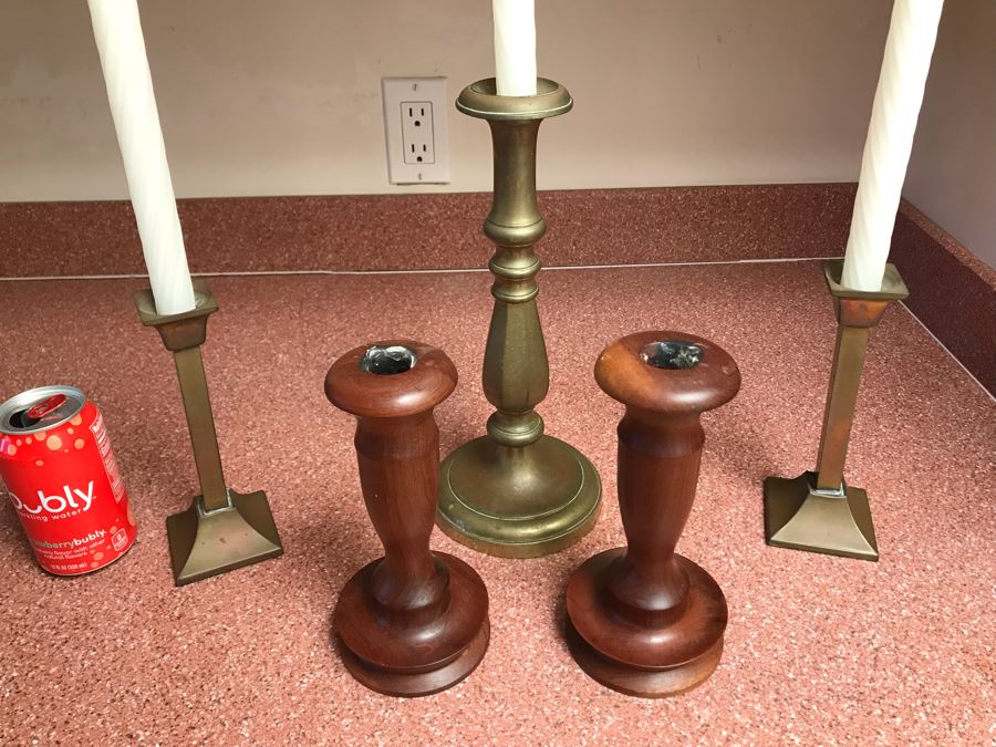 (3) Brass Candlesticks And Pair Of Maderia Turned Wooden Candle Holders [Photo 3]