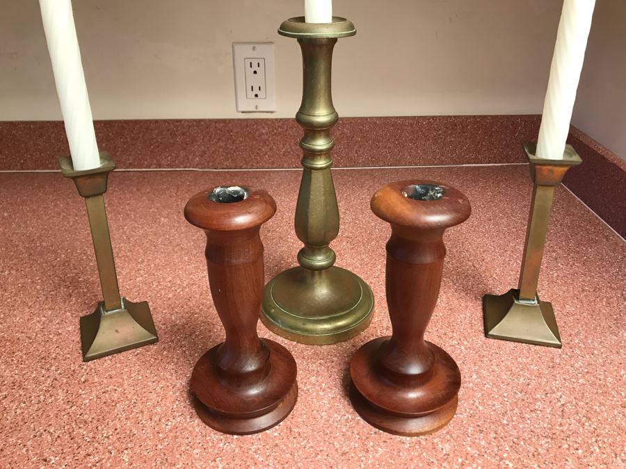 (3) Brass Candlesticks And Pair Of Maderia Turned Wooden Candle Holders [Photo 5]