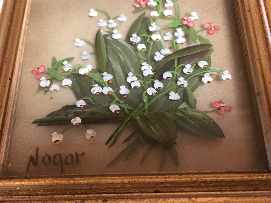 Original Oil Painting Multi-Layer Glass 3-D Painting Of Bee Approaching Flowers By Edmond J. Nogar 6W X 7H [Photo 6]
