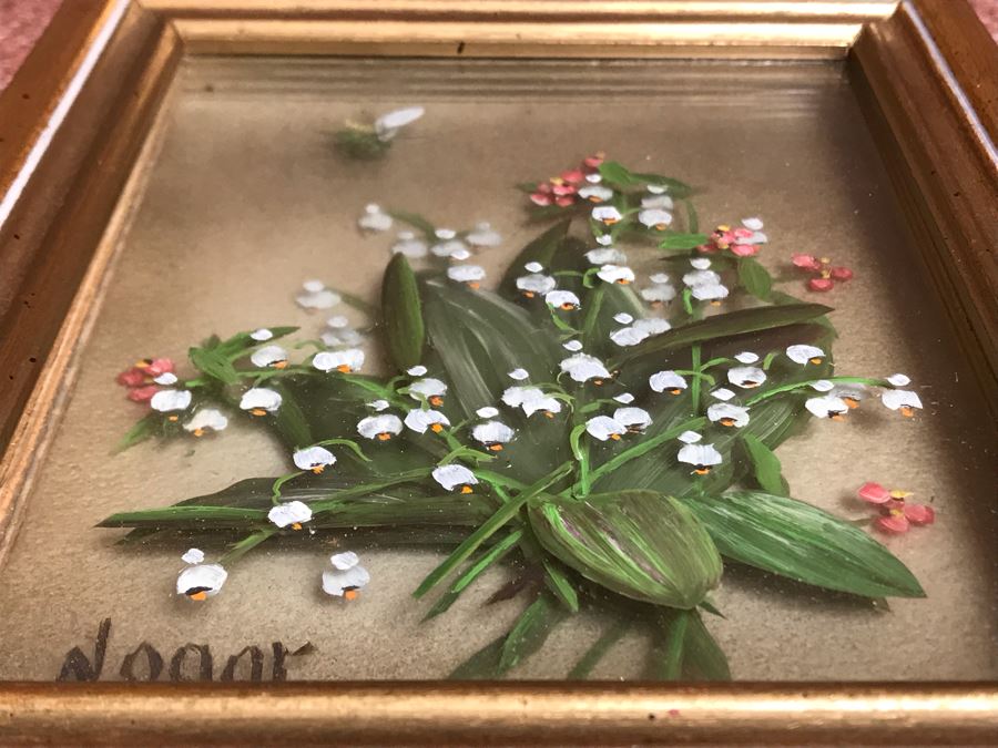 Original Oil Painting Multi-Layer Glass 3-D Painting Of Bee Approaching Flowers By Edmond J. Nogar 6W X 7H [Photo 7]