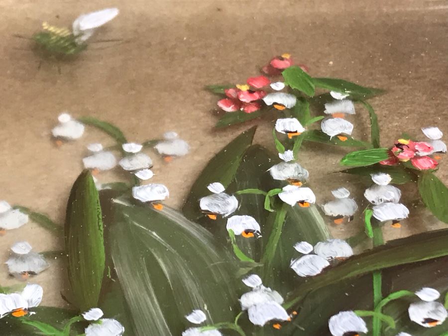 Original Oil Painting Multi-Layer Glass 3-D Painting Of Bee Approaching Flowers By Edmond J. Nogar 6W X 7H [Photo 10]