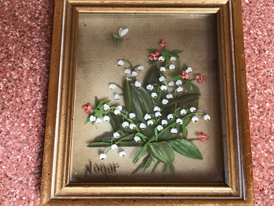 Original Oil Painting Multi-Layer Glass 3-D Painting Of Bee Approaching Flowers By Edmond J. Nogar 6W X 7H [Photo 1]