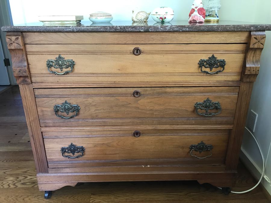 Antique Eastlake Chest Of Drawers 3 Drawer Dresser With Marble Top 40W X 19D X 33H