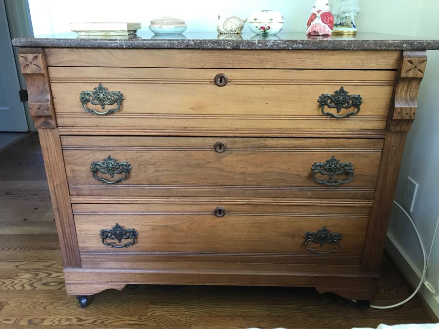 Antique Eastlake Chest Of Drawers 3 Drawer Dresser With Marble Top 40W X 19D X 33H [Photo 11]