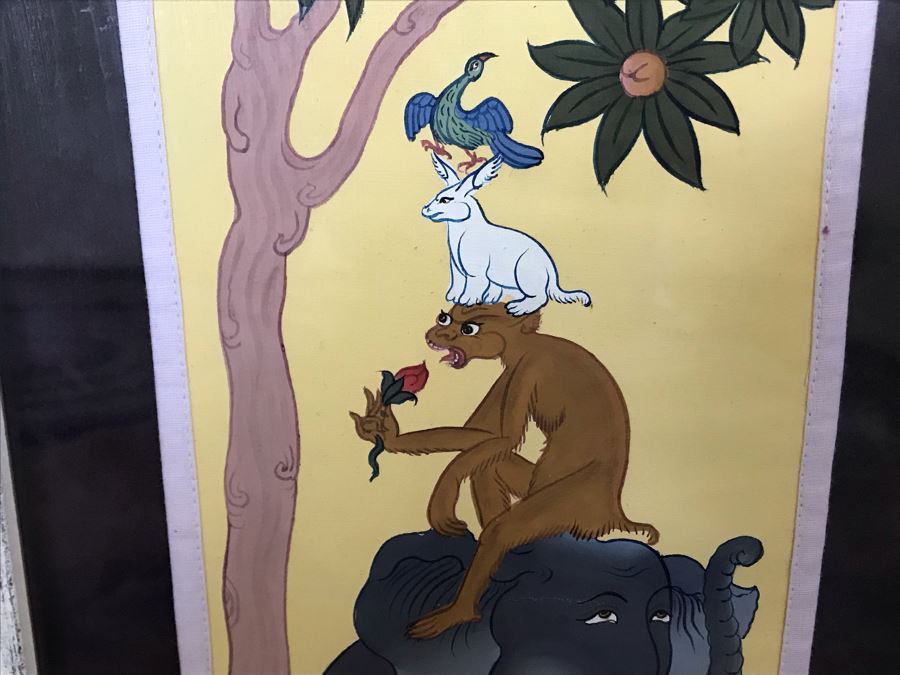 Original Tibetan Four Harmonious Animals Painting 12W X 30H [Photo 2]