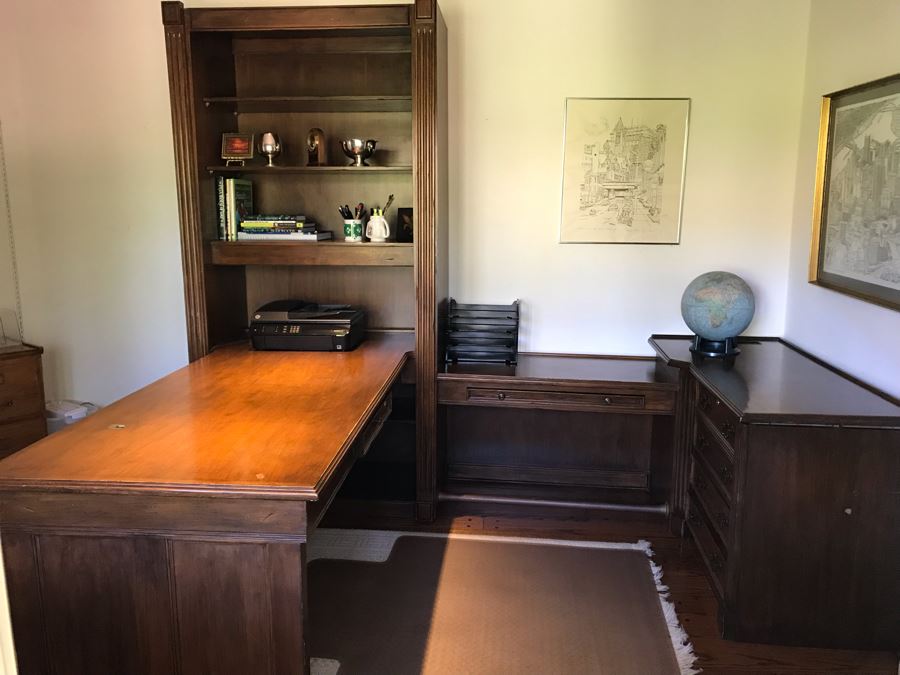 Large Executive Wooden Multi-Piece U-Shaped Desk With Bookshelf And Multiple Drawers - Extends Out 80'L / 53'R - 107W [Photo 2]