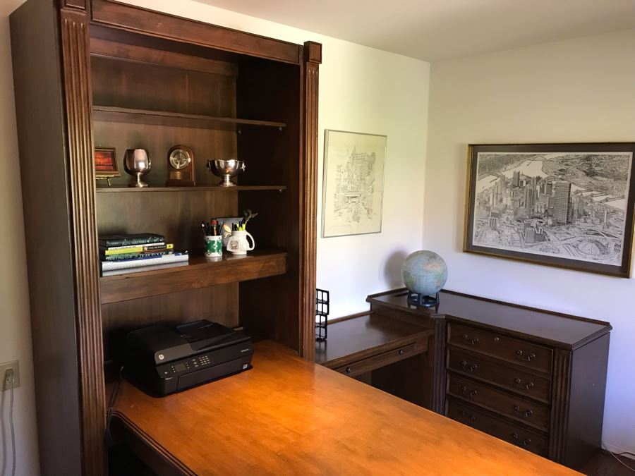 Large Executive Wooden Multi-Piece U-Shaped Desk With Bookshelf And Multiple Drawers - Extends Out 80'L / 53'R - 107W [Photo 12]