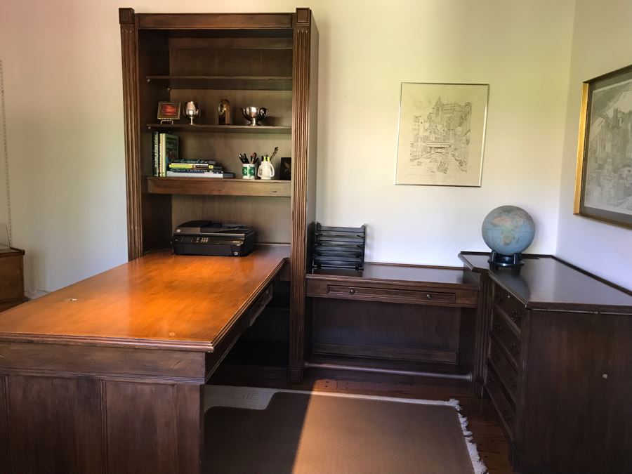 Large Executive Wooden Multi-Piece U-Shaped Desk With Bookshelf And Multiple Drawers - Extends Out 80'L / 53'R - 107W [Photo 3]