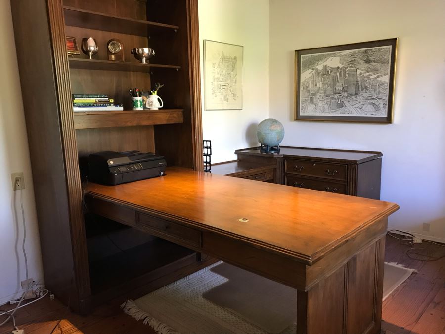Large Executive Wooden Multi-Piece U-Shaped Desk With Bookshelf And Multiple Drawers - Extends Out 80'L / 53'R - 107W [Photo 9]