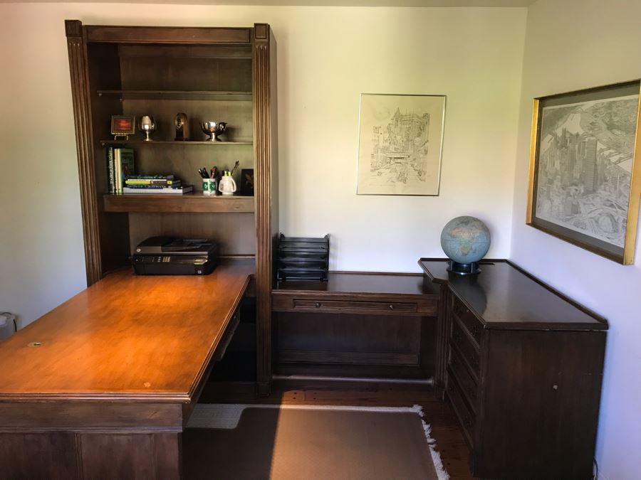 Large Executive Wooden Multi-Piece U-Shaped Desk With Bookshelf And Multiple Drawers - Extends Out 80'L / 53'R - 107W [Photo 5]
