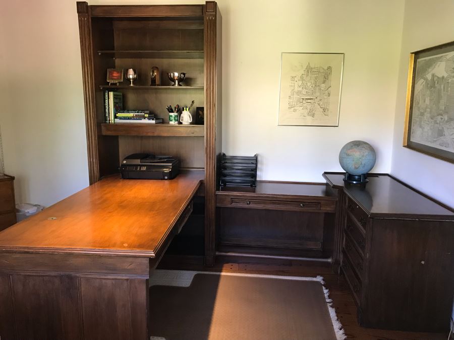 Large Executive Wooden Multi-Piece U-Shaped Desk With Bookshelf And Multiple Drawers - Extends Out 80'L / 53'R - 107W [Photo 1]