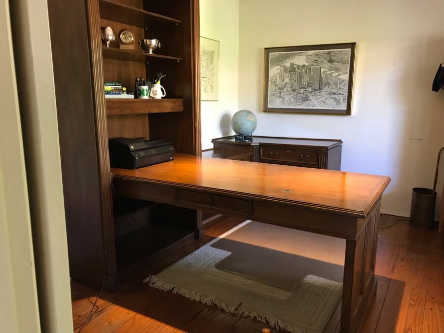 Large Executive Wooden Multi-Piece U-Shaped Desk With Bookshelf And Multiple Drawers - Extends Out 80'L / 53'R - 107W [Photo 10]