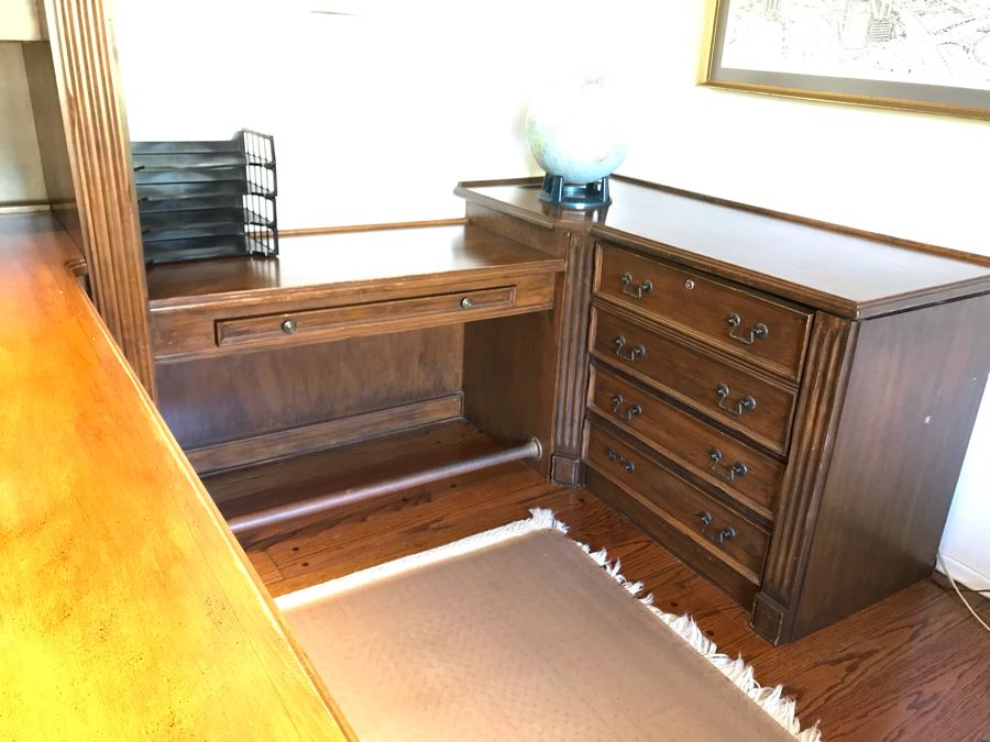 Large Executive Wooden Multi-Piece U-Shaped Desk With Bookshelf And Multiple Drawers - Extends Out 80'L / 53'R - 107W [Photo 14]