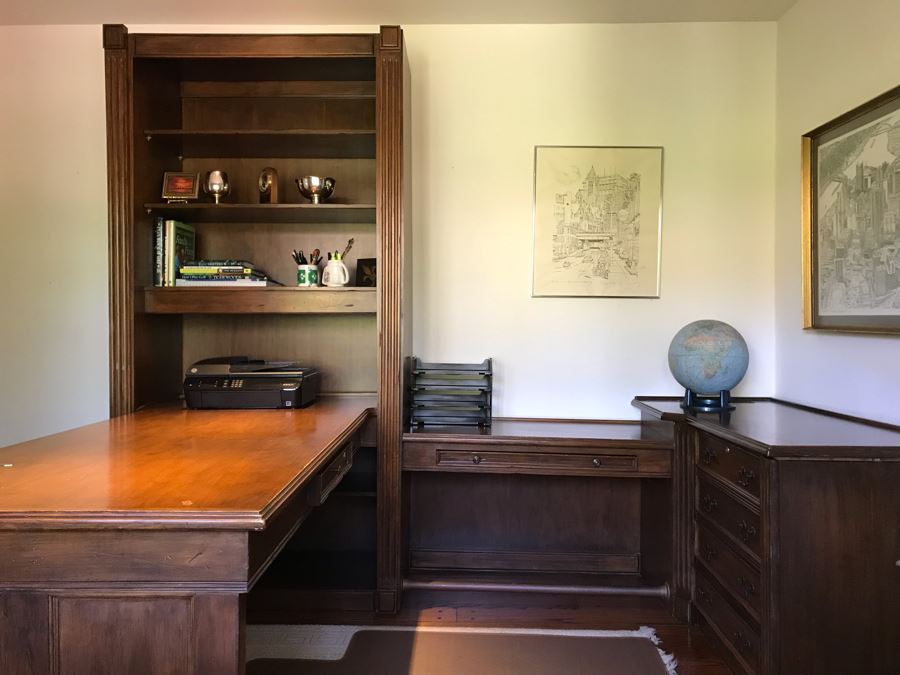 Large Executive Wooden Multi-Piece U-Shaped Desk With Bookshelf And Multiple Drawers - Extends Out 80'L / 53'R - 107W [Photo 8]