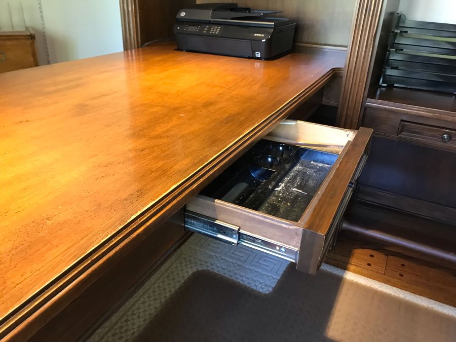 Large Executive Wooden Multi-Piece U-Shaped Desk With Bookshelf And Multiple Drawers - Extends Out 80'L / 53'R - 107W [Photo 23]