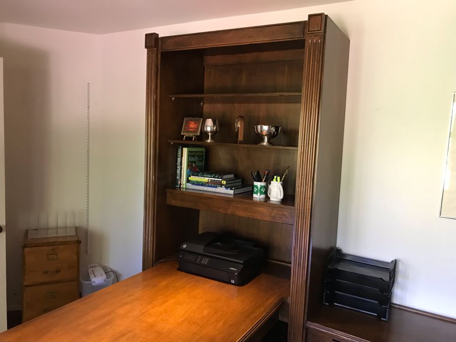 Large Executive Wooden Multi-Piece U-Shaped Desk With Bookshelf And Multiple Drawers - Extends Out 80'L / 53'R - 107W [Photo 17]