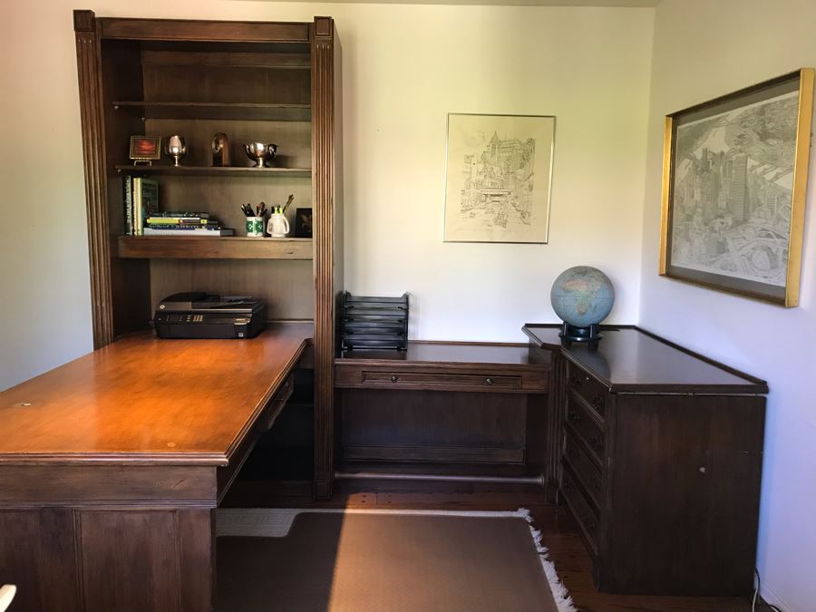 Large Executive Wooden Multi-Piece U-Shaped Desk With Bookshelf And Multiple Drawers - Extends Out 80'L / 53'R - 107W [Photo 4]
