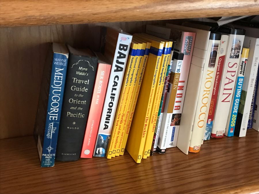 Oak Bookshelf With All Items On Shelves - See Photos For Items Incl Silverplate Bowls, Figurines, Weights, Tripods, Golf Coat Rack, Flashlights, Hats 36W X 12.5D X 71H [Photo 11]