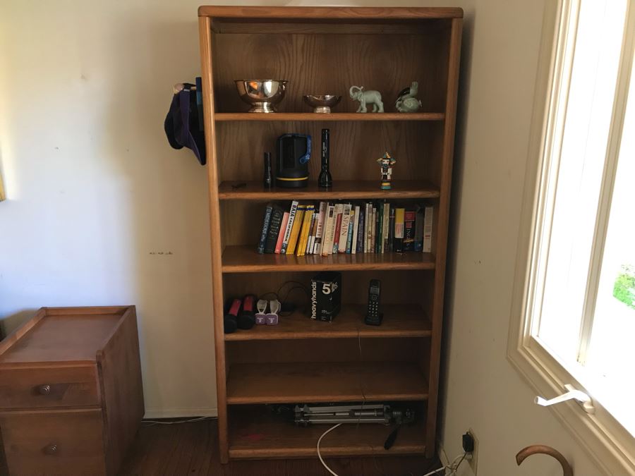 Oak Bookshelf With All Items On Shelves - See Photos For Items Incl Silverplate Bowls, Figurines, Weights, Tripods, Golf Coat Rack, Flashlights, Hats 36W X 12.5D X 71H [Photo 5]