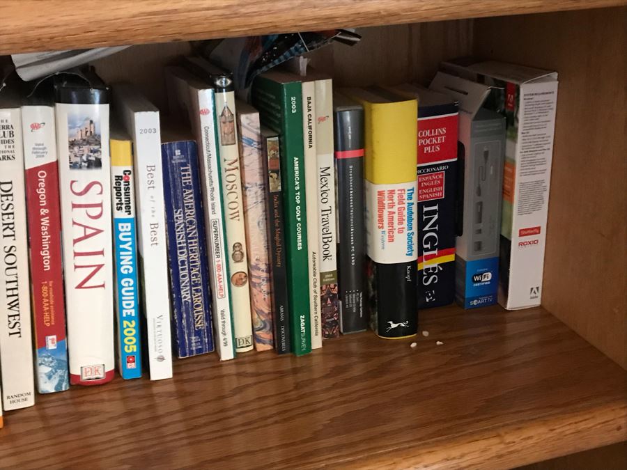 Oak Bookshelf With All Items On Shelves - See Photos For Items Incl Silverplate Bowls, Figurines, Weights, Tripods, Golf Coat Rack, Flashlights, Hats 36W X 12.5D X 71H [Photo 12]