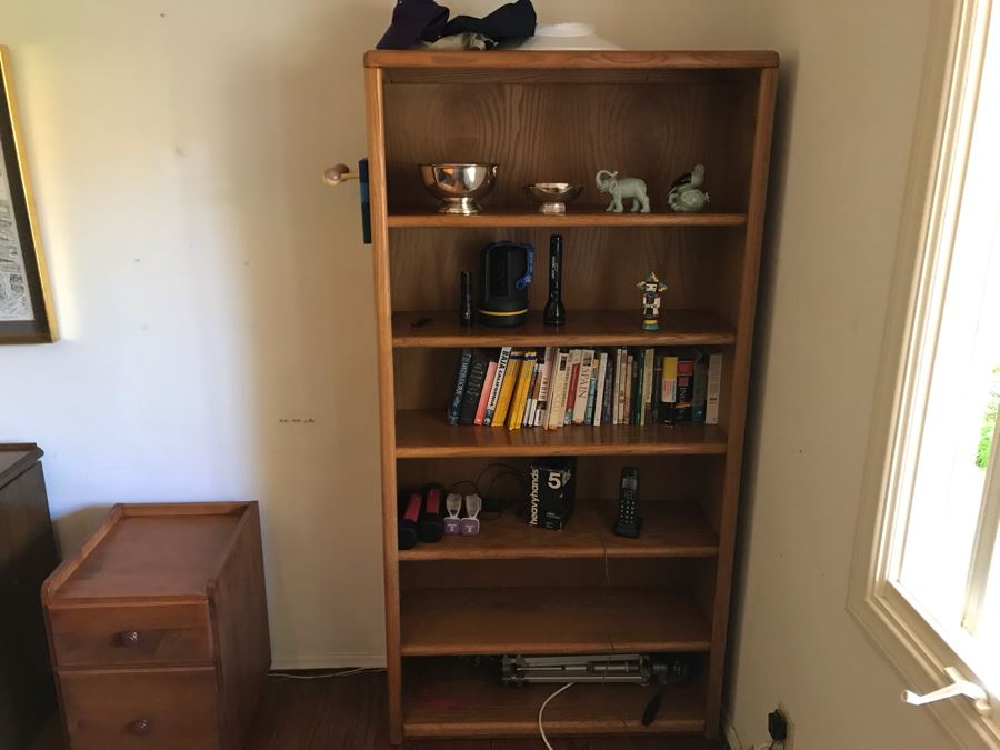 Oak Bookshelf With All Items On Shelves - See Photos For Items Incl Silverplate Bowls, Figurines, Weights, Tripods, Golf Coat Rack, Flashlights, Hats 36W X 12.5D X 71H [Photo 2]