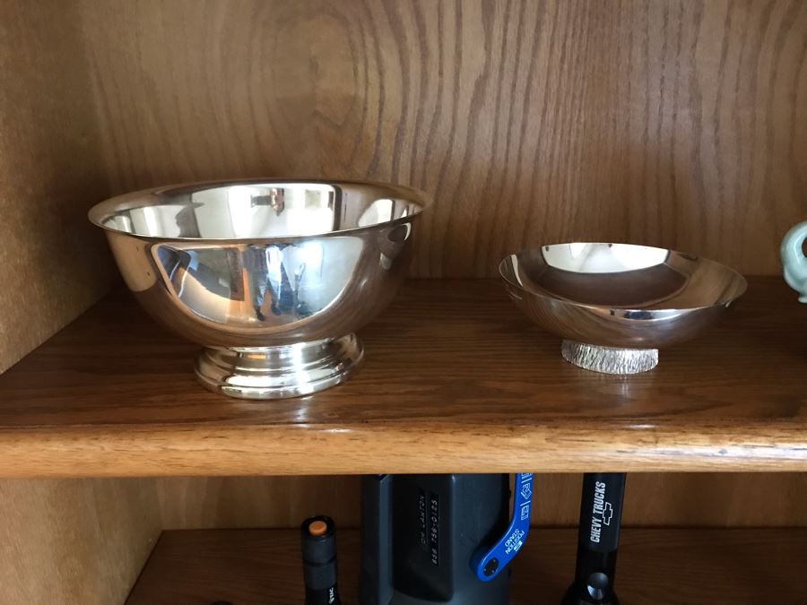 Oak Bookshelf With All Items On Shelves - See Photos For Items Incl Silverplate Bowls, Figurines, Weights, Tripods, Golf Coat Rack, Flashlights, Hats 36W X 12.5D X 71H [Photo 6]