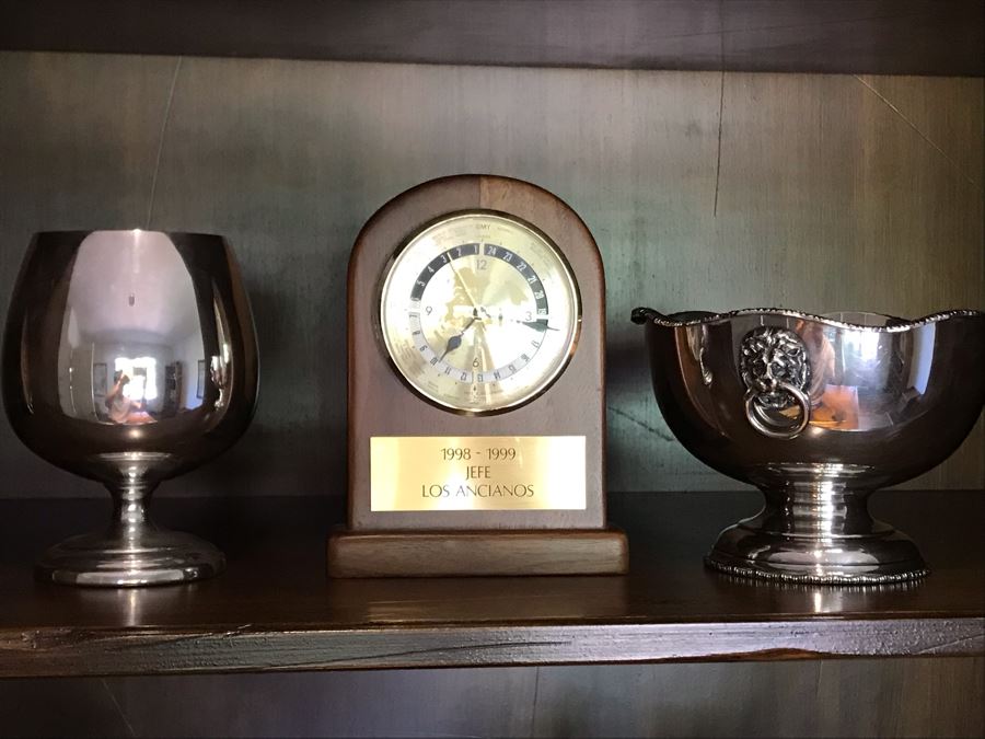Footed Silverplate Bowl, Silverplate Goblet And World Clock [Photo 1]